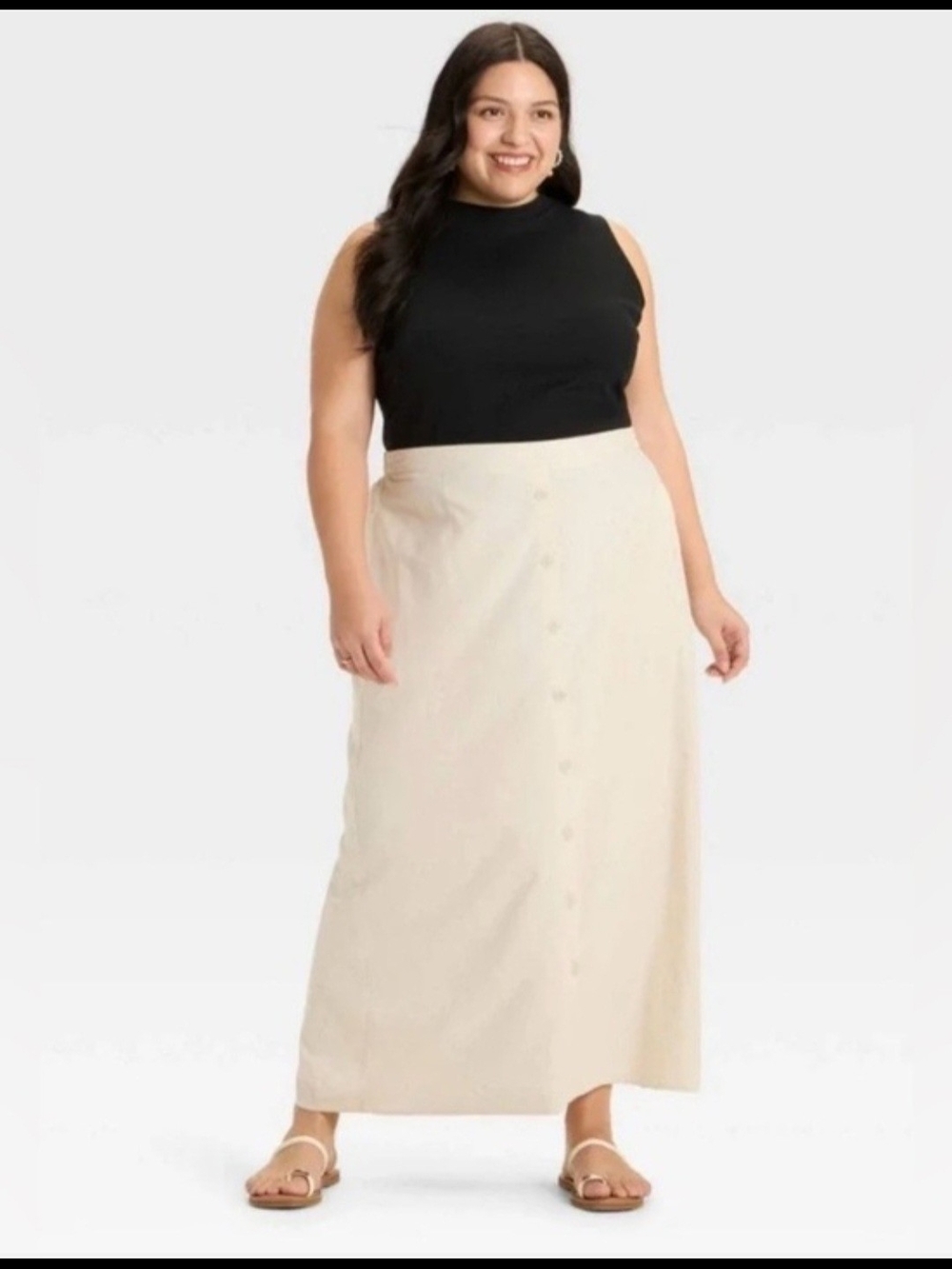 Button-Front Cream Maxi Skirt